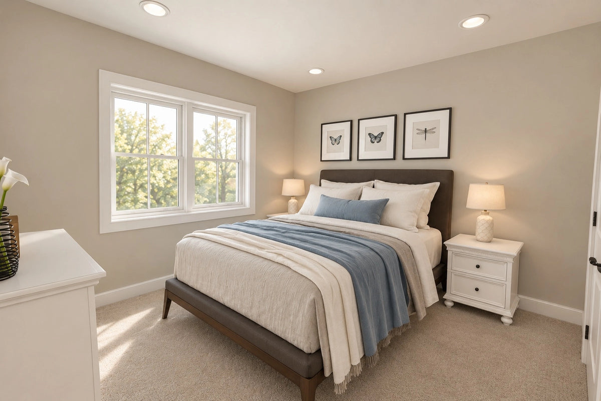 Upstairs bedroom with a window beside the bed, white nightstands and soft blue accents.