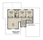 Upper floor plan of a farmhouse with 1,190 sq ft, three bedrooms, two bathrooms and a loft.