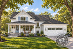 Wisteria farmhouse front rendering with white siding, blue shutters, a covered porch and two-car garage; Exclusive Home Plan stamp.