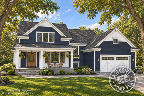 Bluehaven farmhouse front rendering with blue siding, white gables, a covered porch and two-car garage; Exclusive Home Plan stamp.