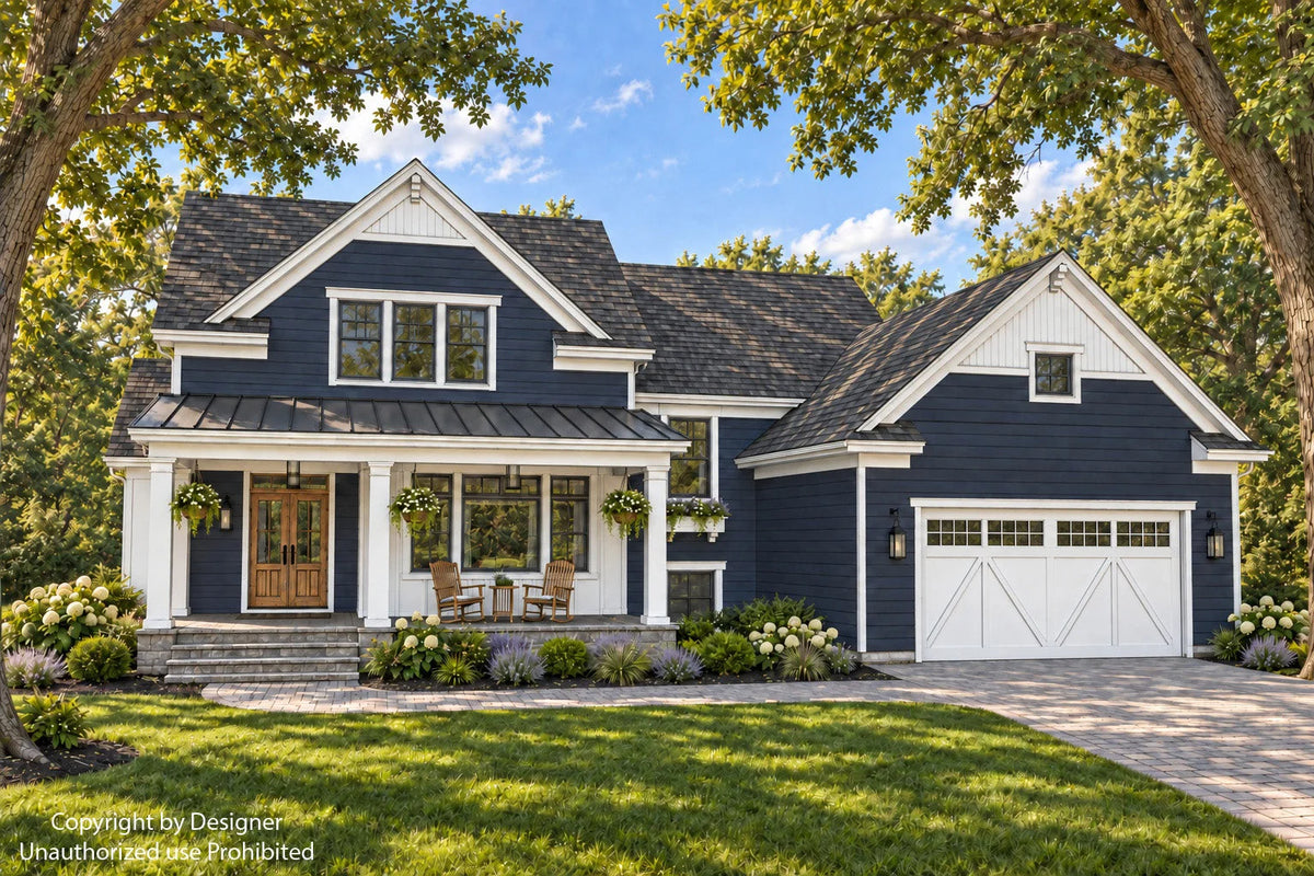 Farmhouse front exterior rendering with blue siding and white gable accents, a covered porch and a two-car garage.