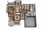 Furnished 3D main-level plan showing the open living area, primary suite, office and garage.