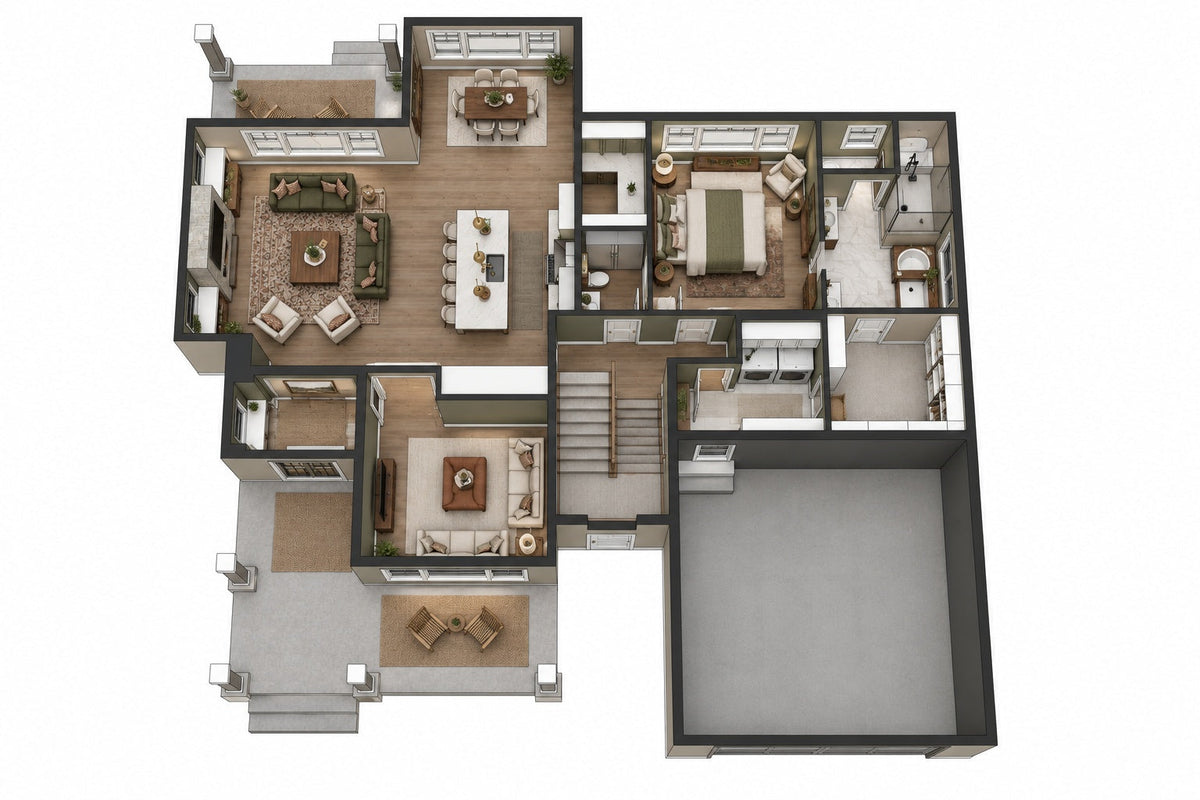 Furnished 3D main-level plan showing the open living area, primary suite, office and garage.