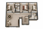 Furnished 3D upper-level plan showing three bedrooms, two bathrooms and a loft.