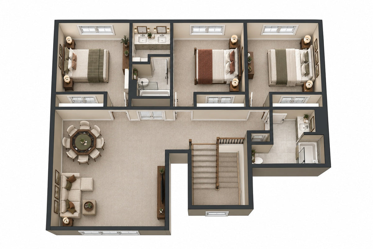 Furnished 3D upper-level plan showing three bedrooms, two bathrooms and a loft.