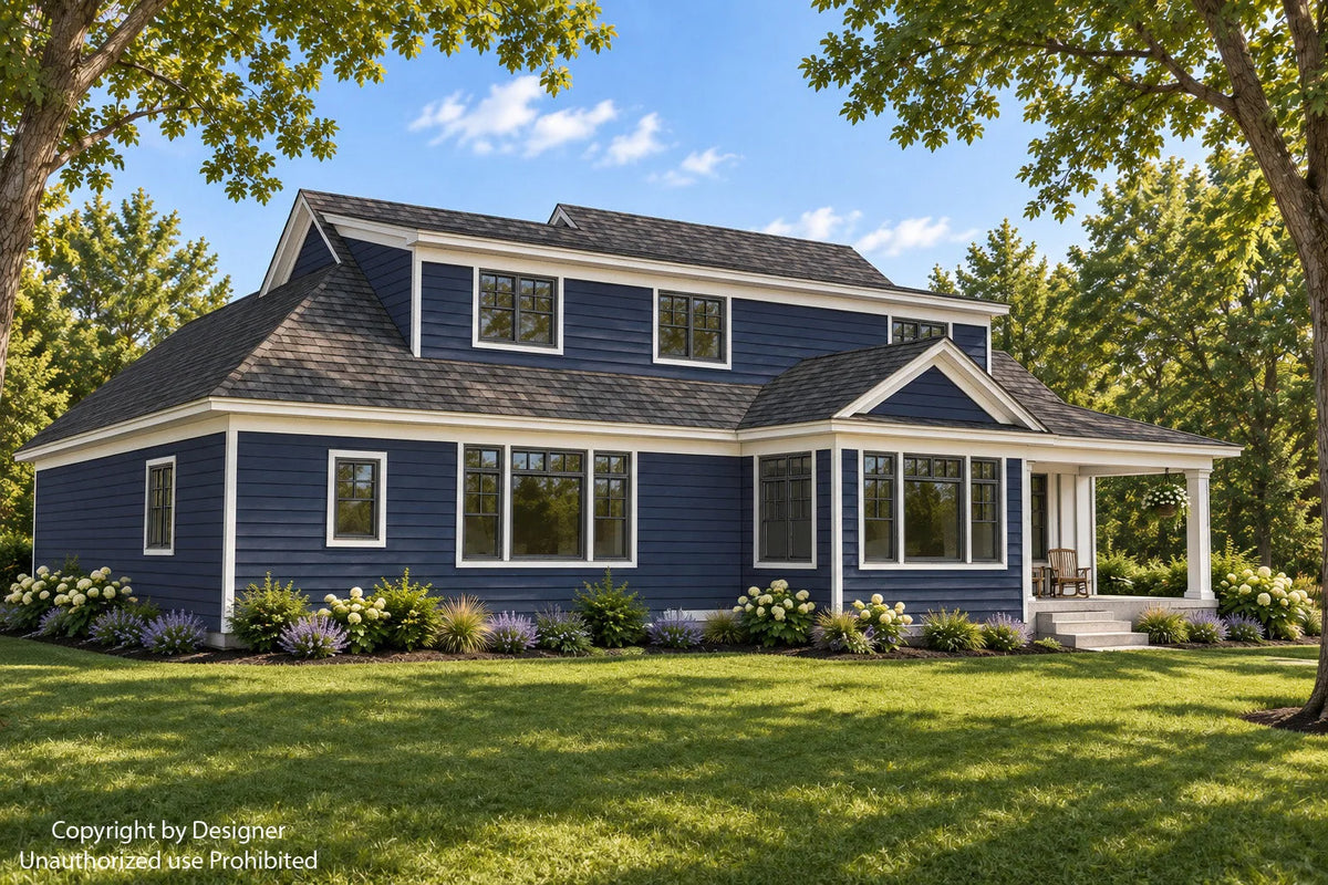 Angled rear exterior rendering with blue siding, broad windows and a covered rear porch.
