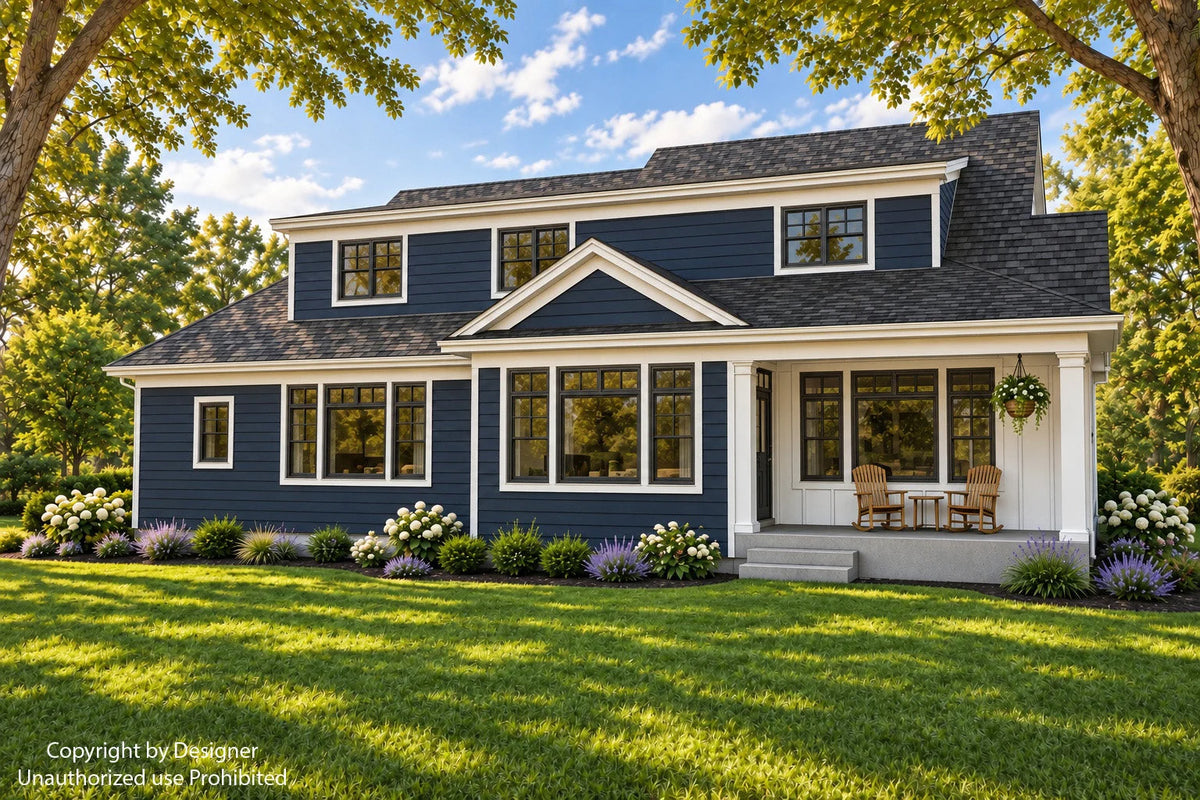 Rear exterior rendering with white trim, a gabled dining area and a covered porch facing the lawn.