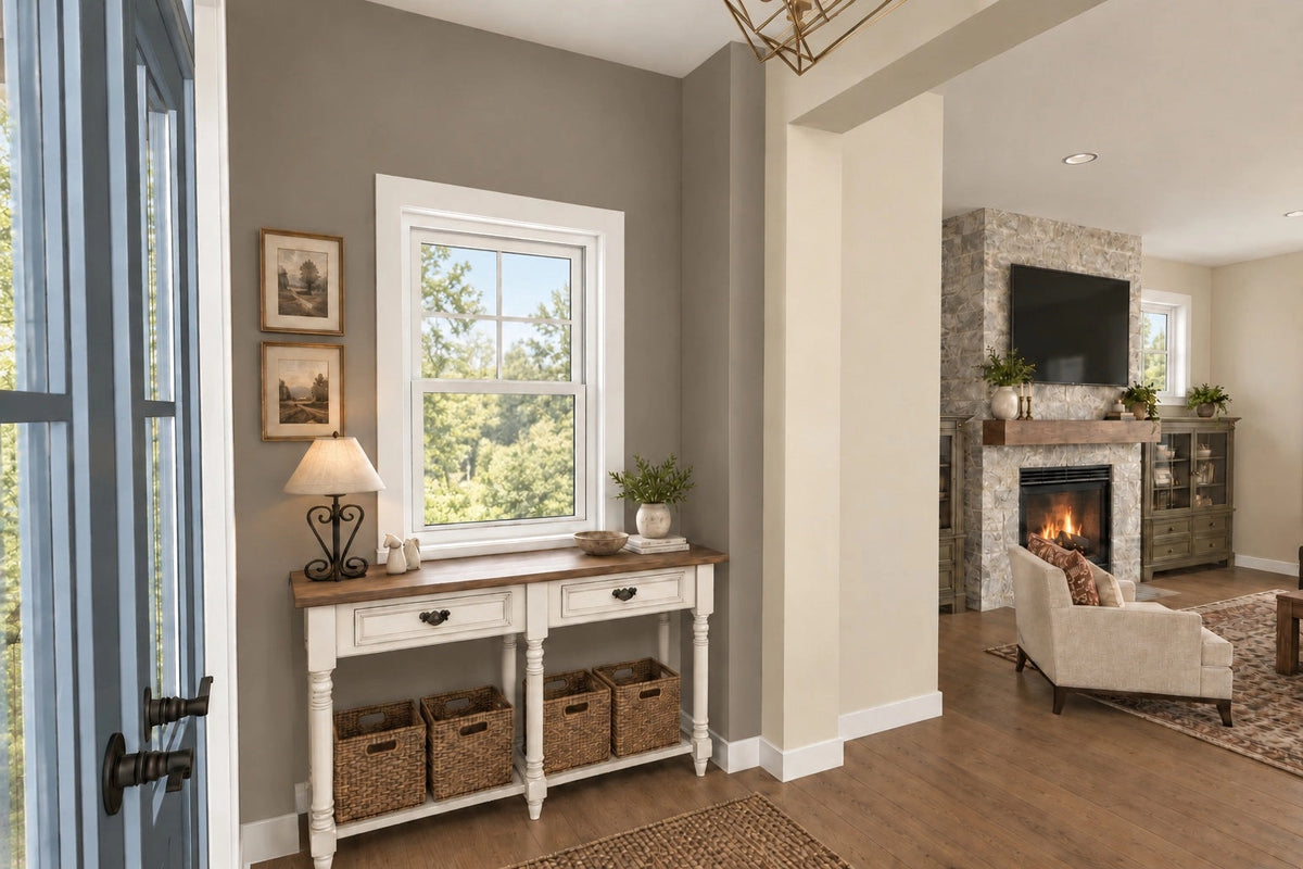Foyer rendering with a console table beneath a window and a view of the great-room fireplace.