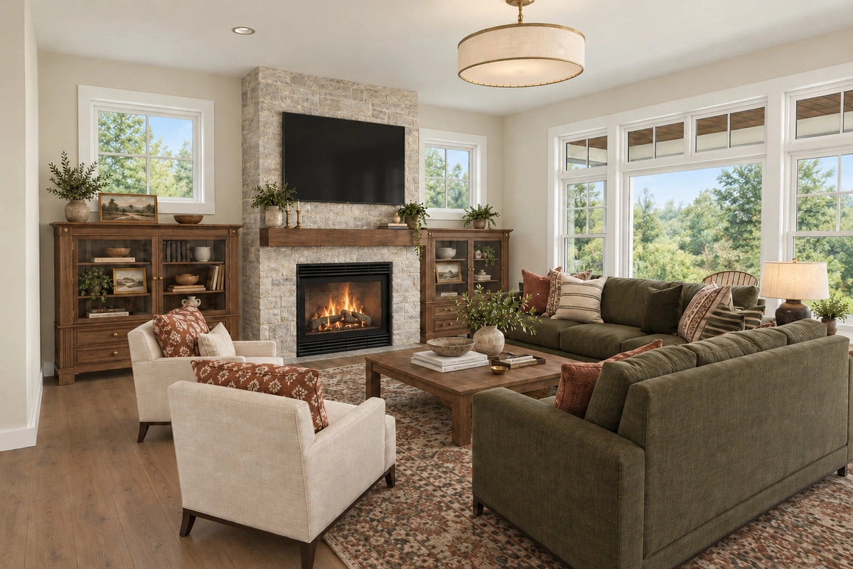 Great-room rendering with seating facing the fireplace beside broad windows.