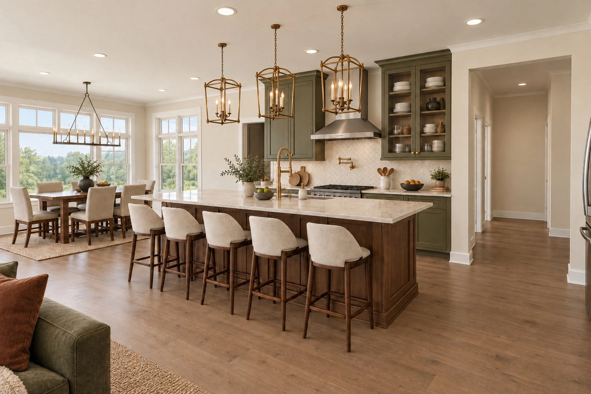 Kitchen rendering with a wood island, pendant lights and an adjoining dining area.