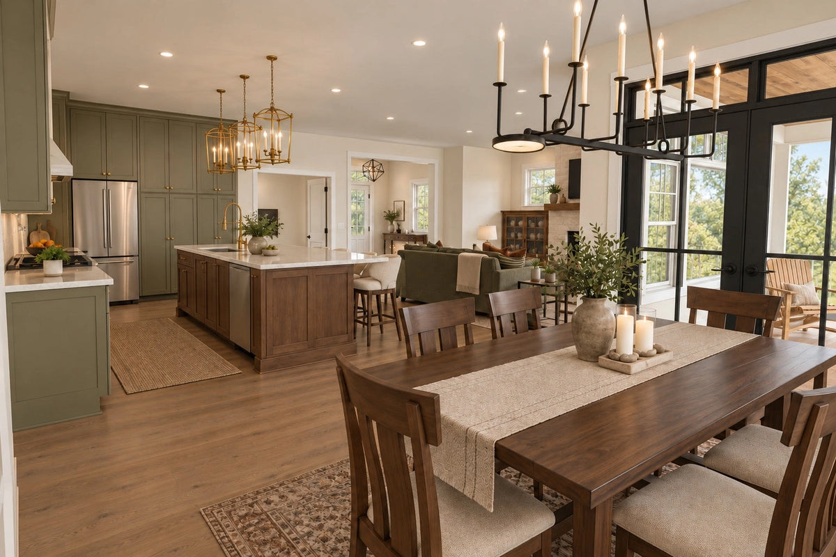 Dining-area rendering with a wood table beside the open kitchen and rear windows.
