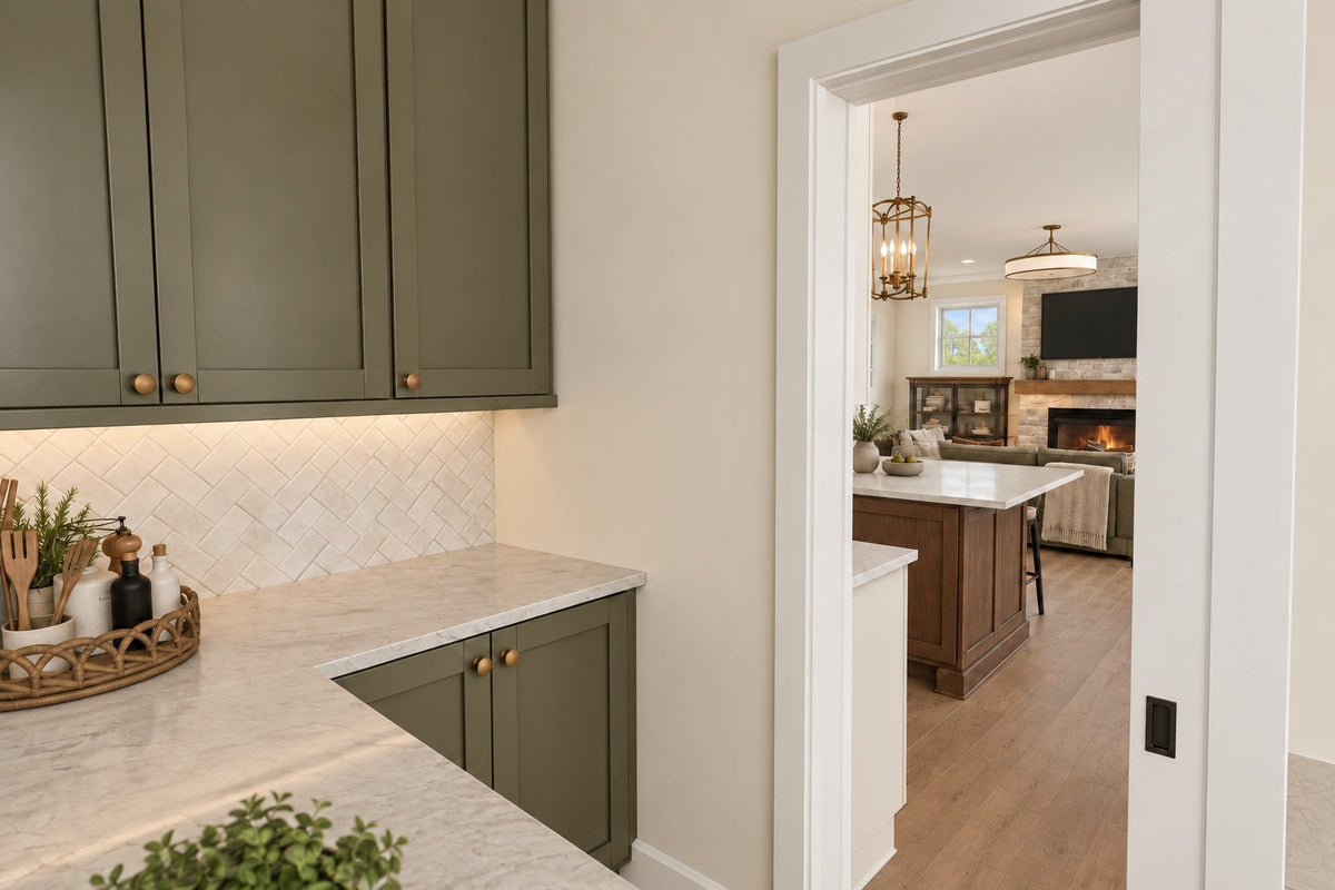 Walk-in pantry rendering with cabinetry, a countertop and a doorway into the kitchen.