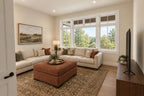 Front office or living-room rendering with a sectional sofa beneath broad windows.