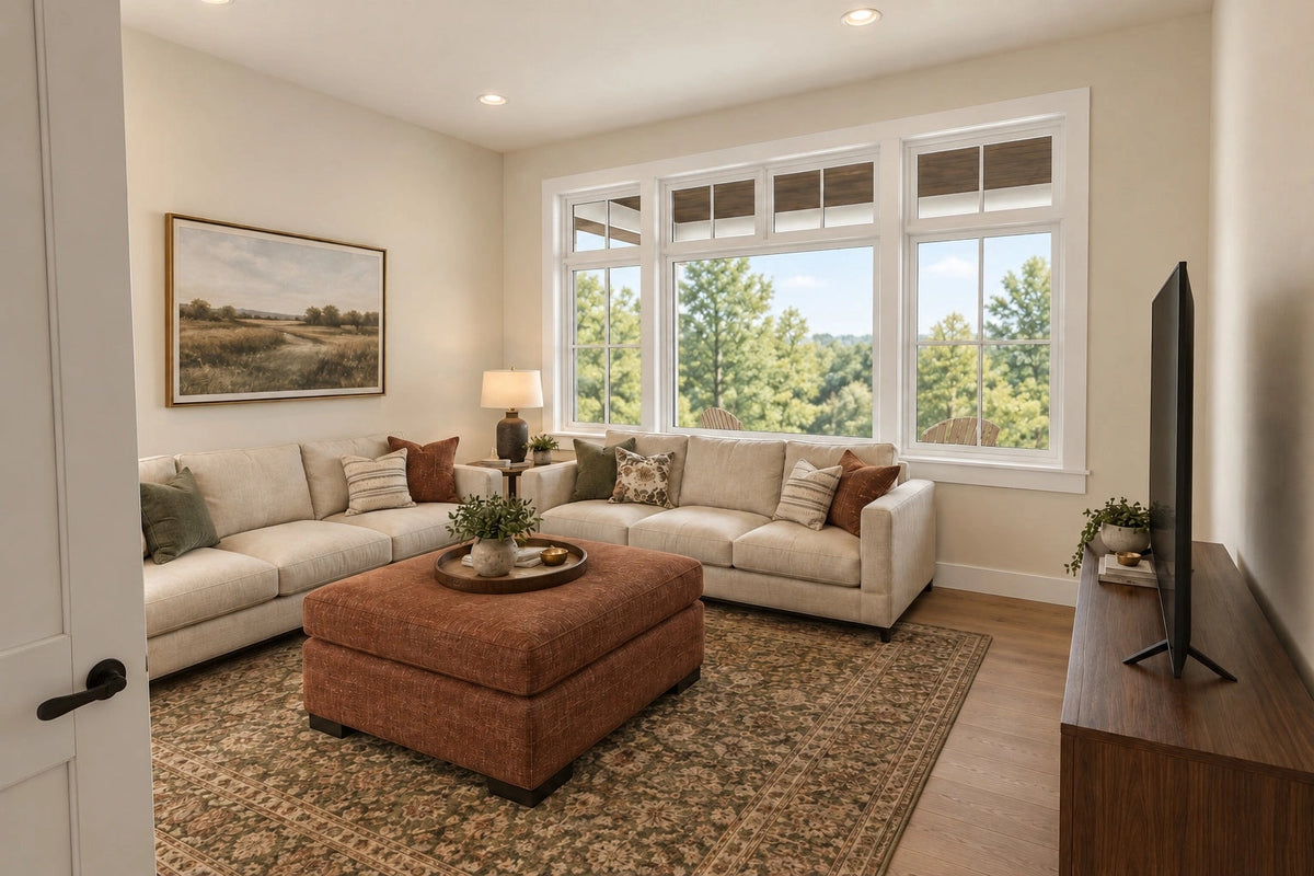 Front office or living-room rendering with a sectional sofa beneath broad windows.