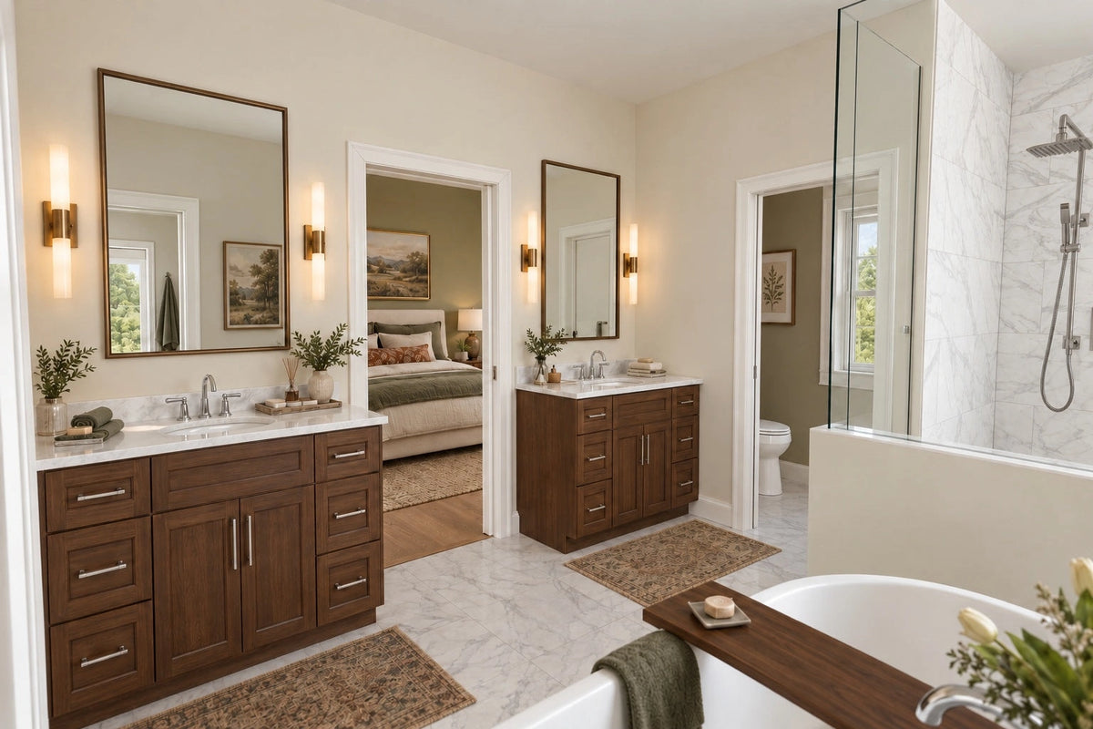 Primary-bathroom rendering with two wood vanities, a bathtub and a separate shower.