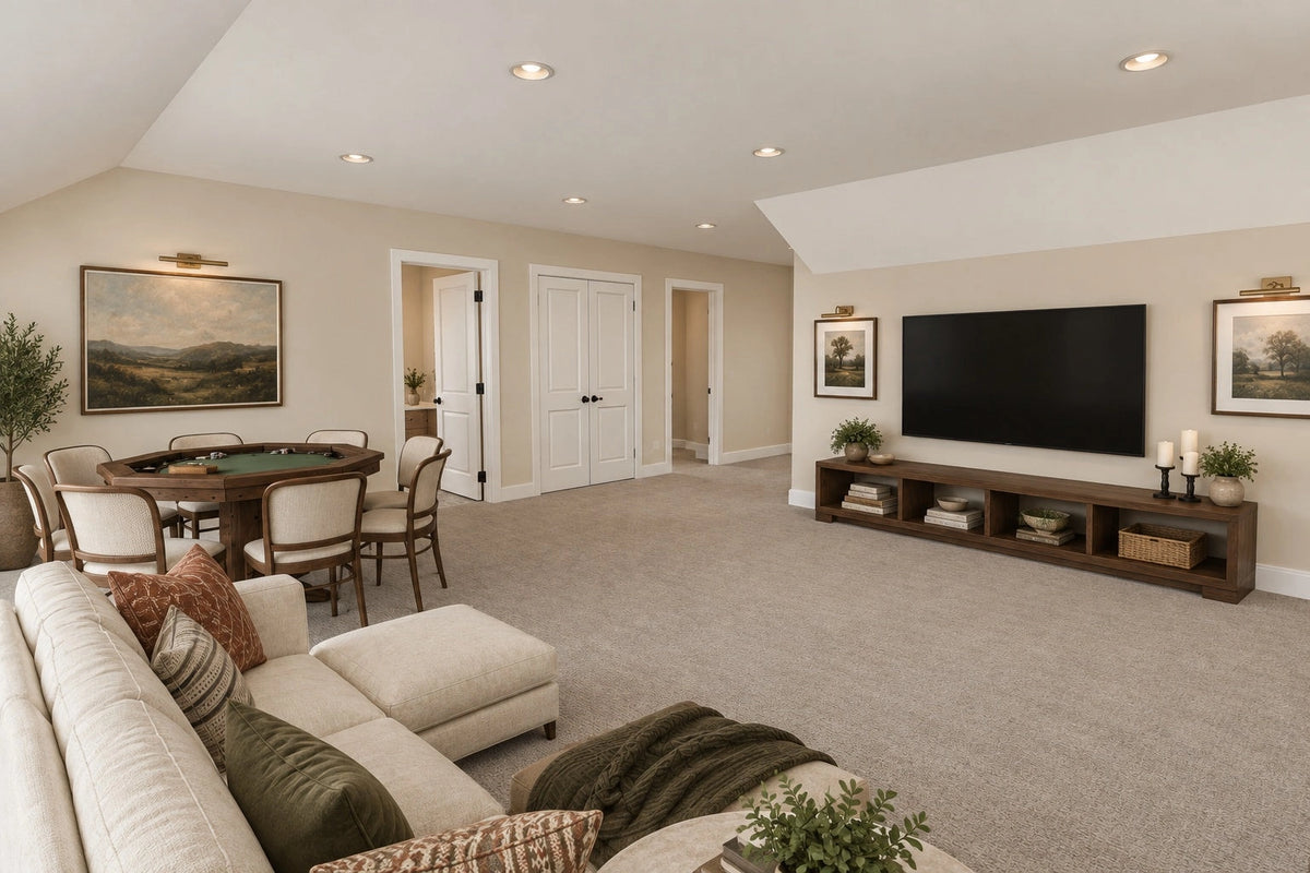 Upstairs-loft rendering with sofa seating, a television and a game table.