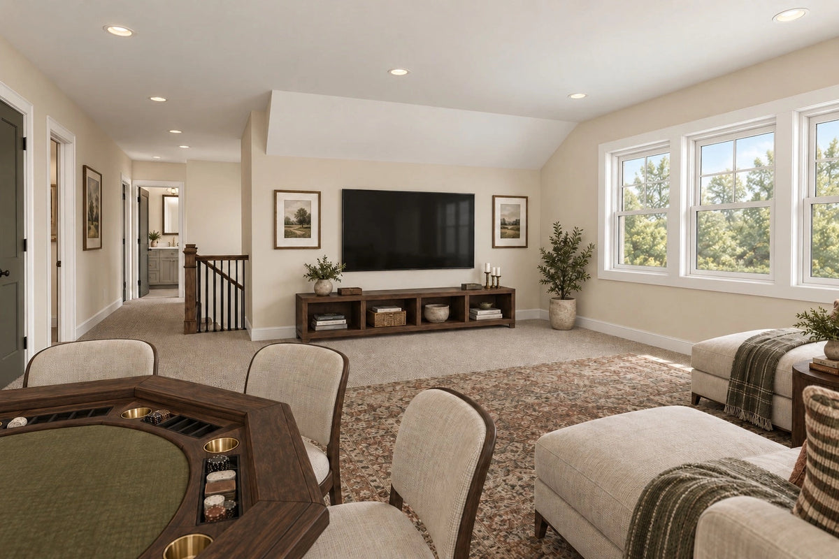Upstairs-loft rendering looking across the game table toward the television and stair hall.