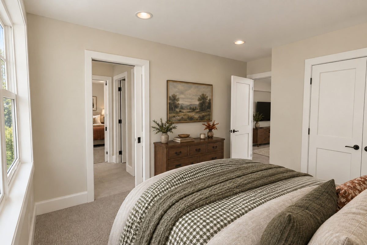 Upstairs-bedroom rendering with views toward the shared bathroom and loft.