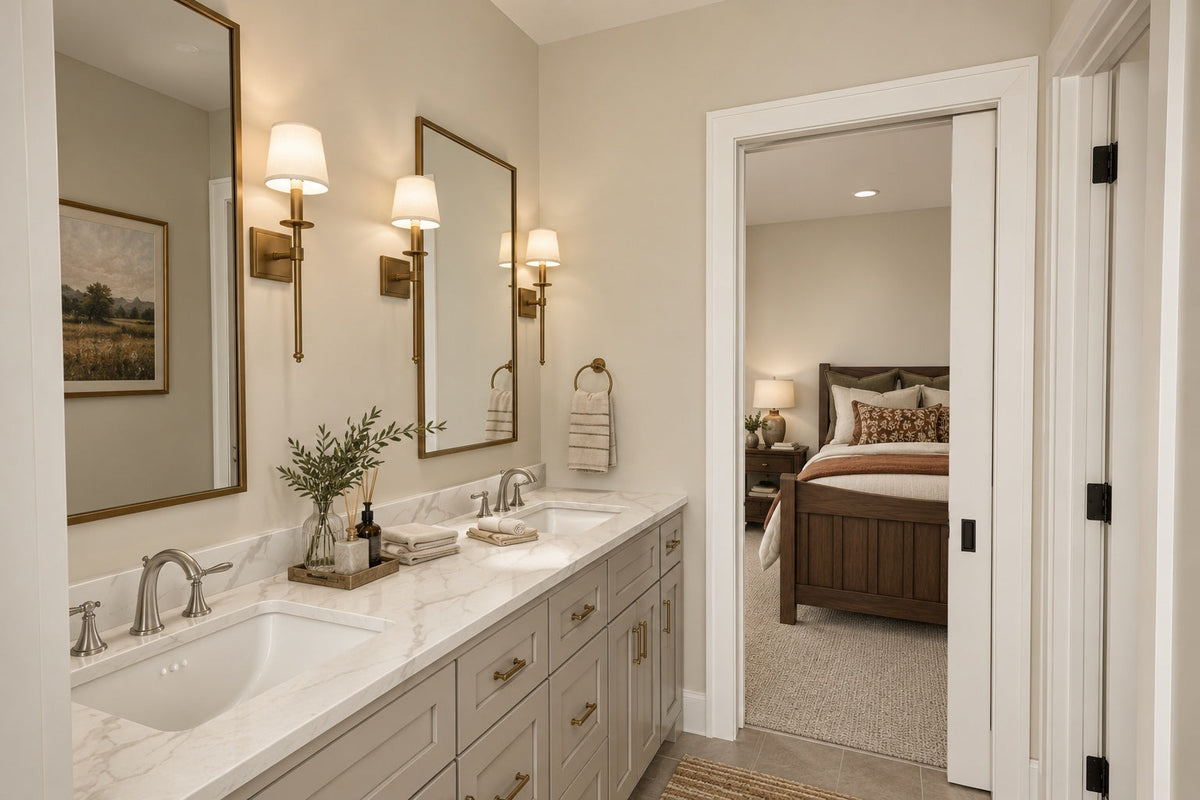 Jack and Jill bathroom rendering with a double vanity and a connecting bedroom doorway.