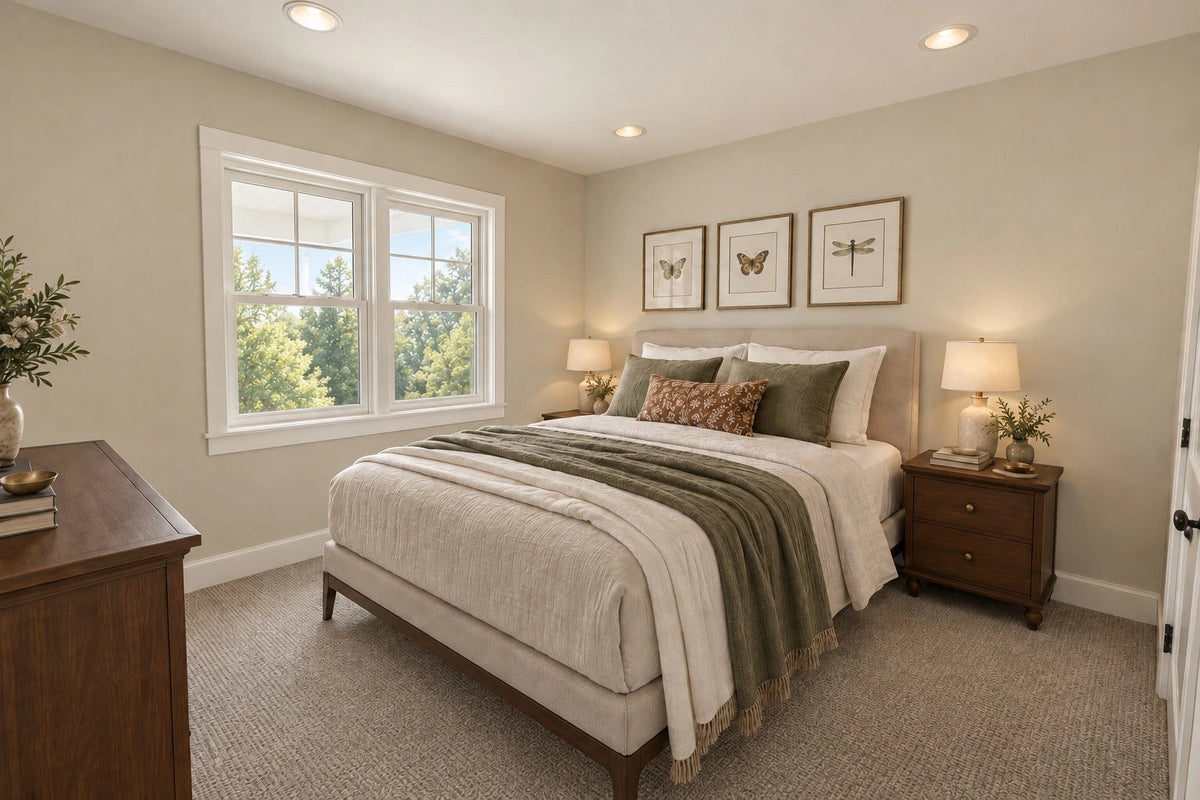 Upstairs-bedroom rendering with a large window, bedside tables and framed artwork.