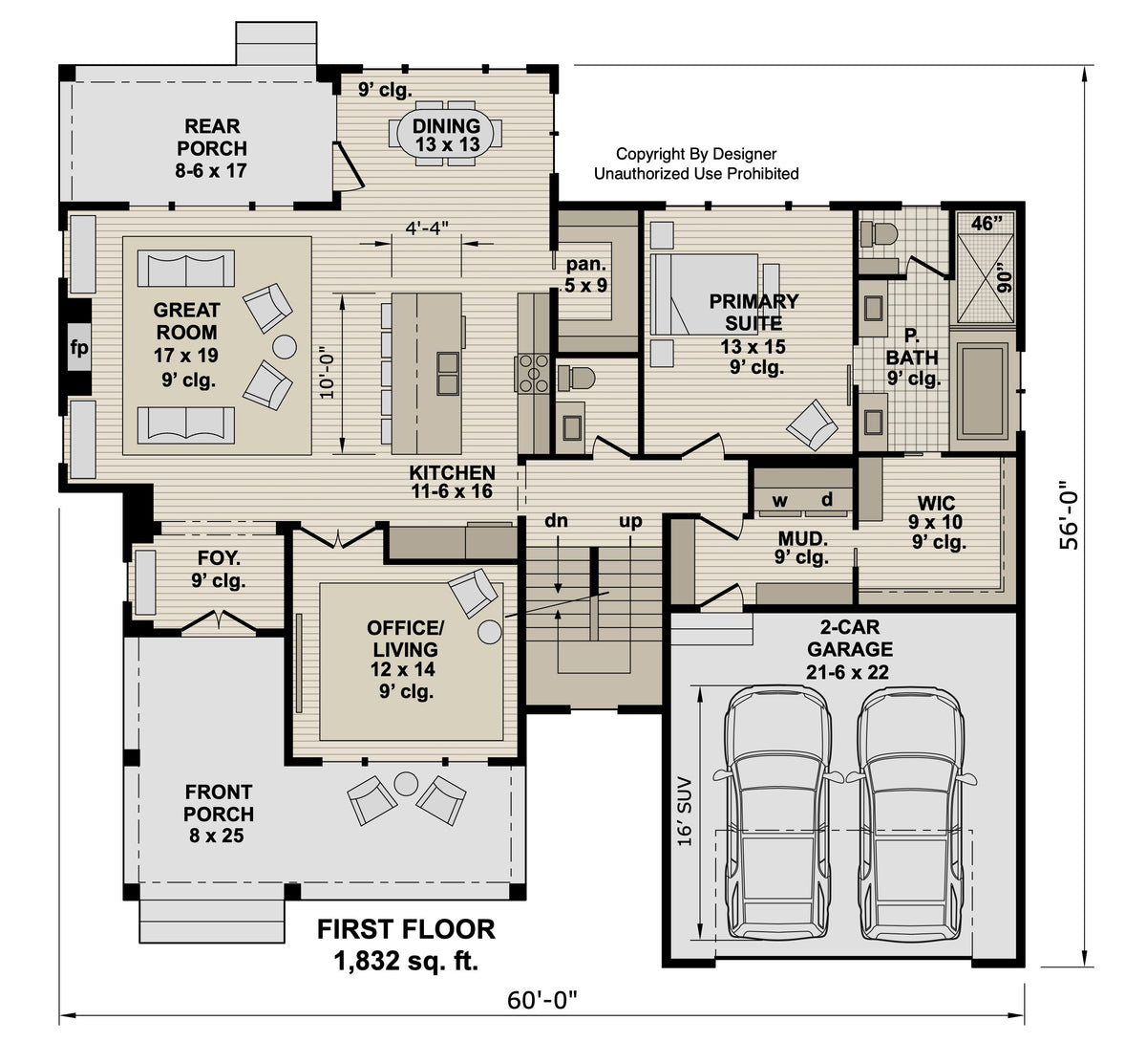Main floor plan of a farmhouse with 1,832 sq ft, a primary suite, open living area, office and two-car garage.