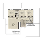 Upper floor plan of a farmhouse with 1,190 sq ft, three bedrooms, two bathrooms and a loft.