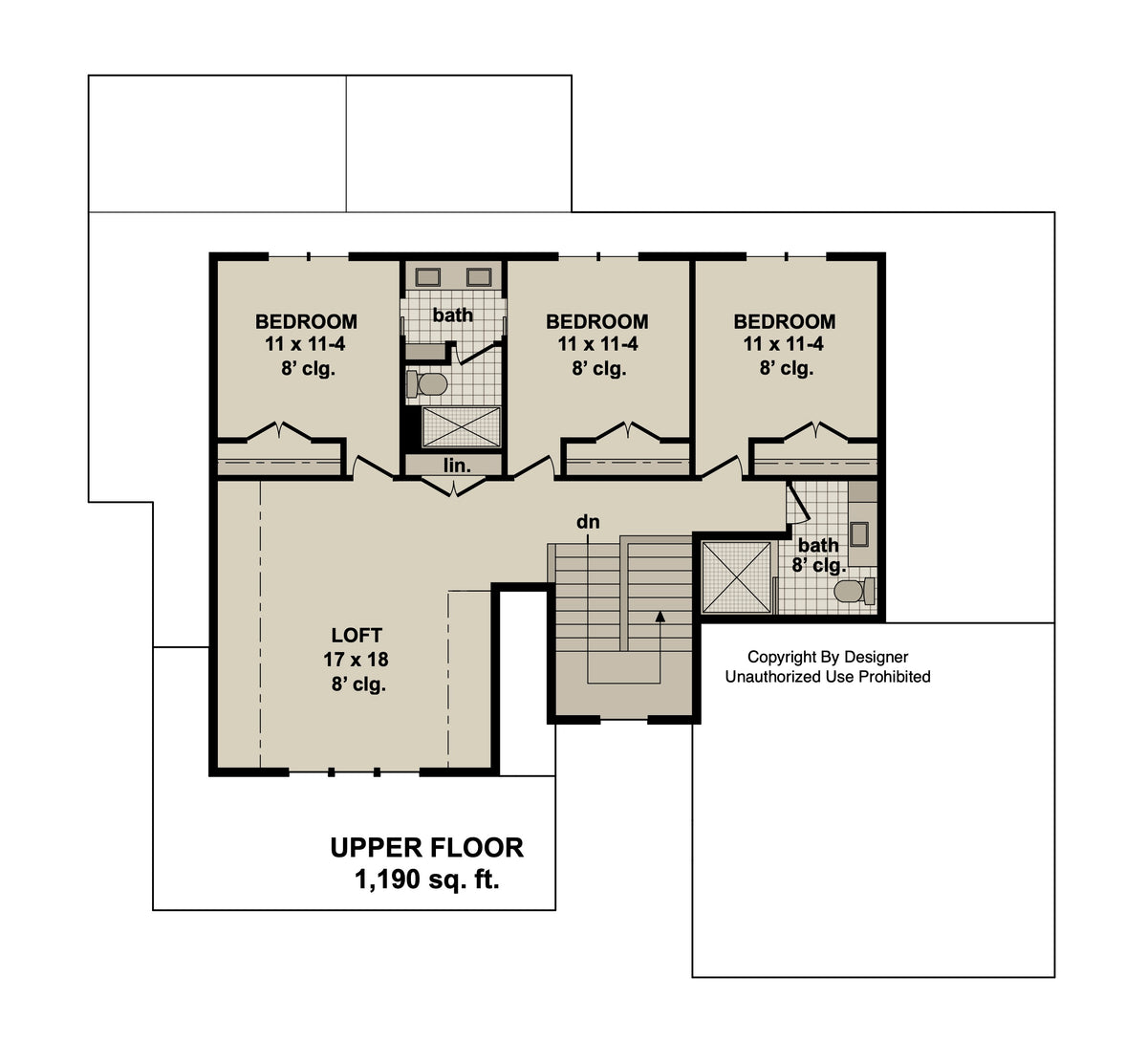 Upper floor plan of a farmhouse with 1,190 sq ft, three bedrooms, two bathrooms and a loft.