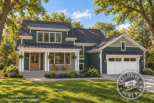 Briarstone Craftsman front rendering with dark siding, a broad dormer, covered porch and two-car garage; Exclusive Home Plan stamp.