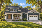 Craftsman front exterior rendering with dark siding, a covered porch, a broad dormer and a two-car garage.