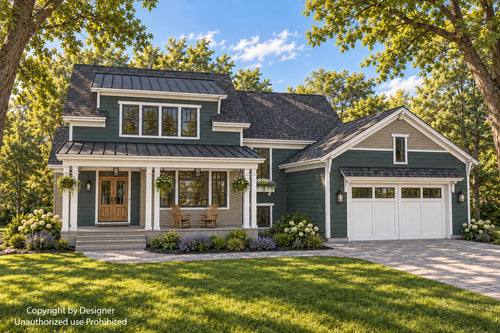 Craftsman front exterior rendering with dark siding, a covered porch, a broad dormer and a two-car garage.