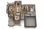 Furnished 3D main-level plan showing the open living area, primary suite, office and garage.