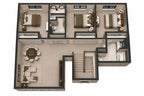Furnished 3D upper-level plan showing three bedrooms, two bathrooms and a loft.