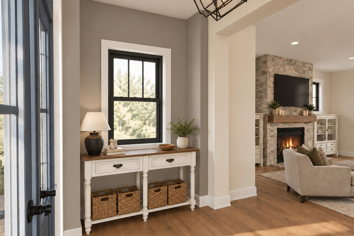 Foyer rendering with a console table beneath a window and a view of the great-room fireplace.