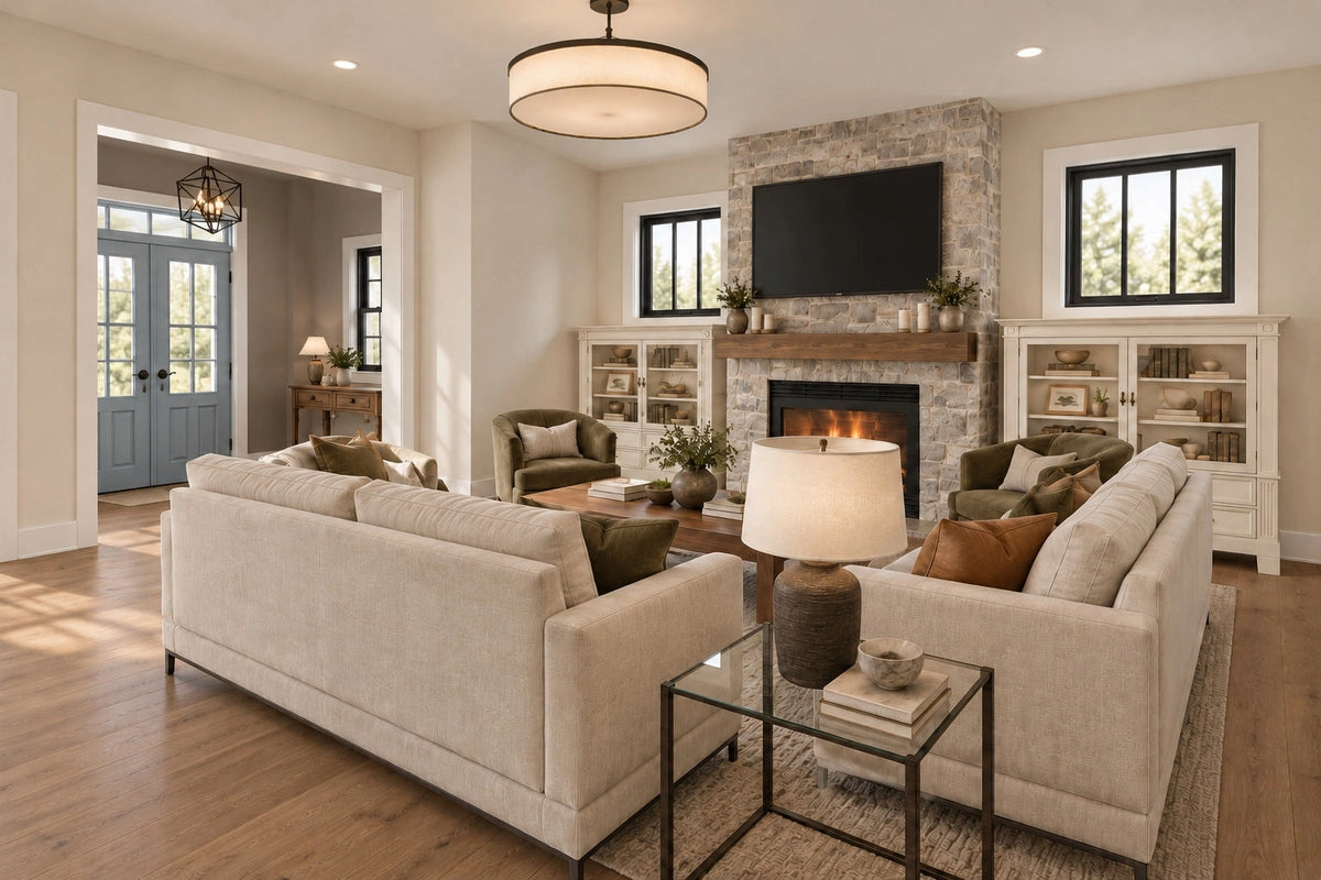 Great-room rendering with a stone fireplace, built-in cabinets and a view toward the foyer.