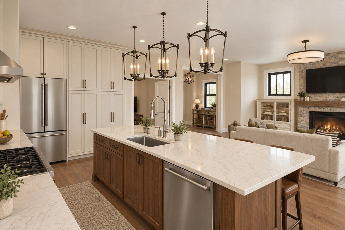 Kitchen rendering with an island sink, countertop seating and a view to the fireplace.