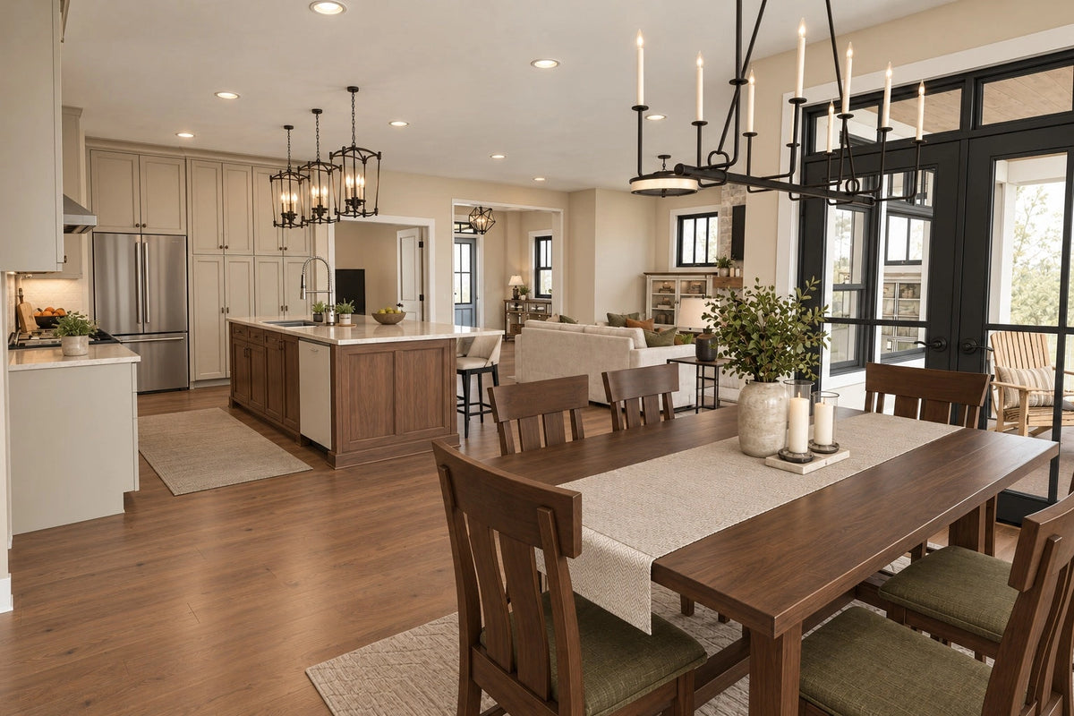 Dining-area rendering with a wood table beside the open kitchen and rear windows.