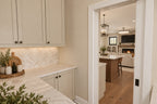 Walk-in pantry rendering with cabinetry, a countertop and a doorway into the kitchen.