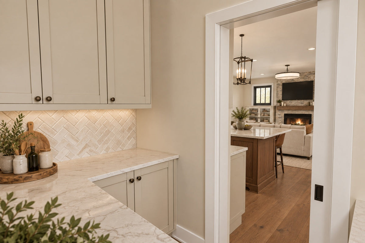 Walk-in pantry rendering with cabinetry, a countertop and a doorway into the kitchen.