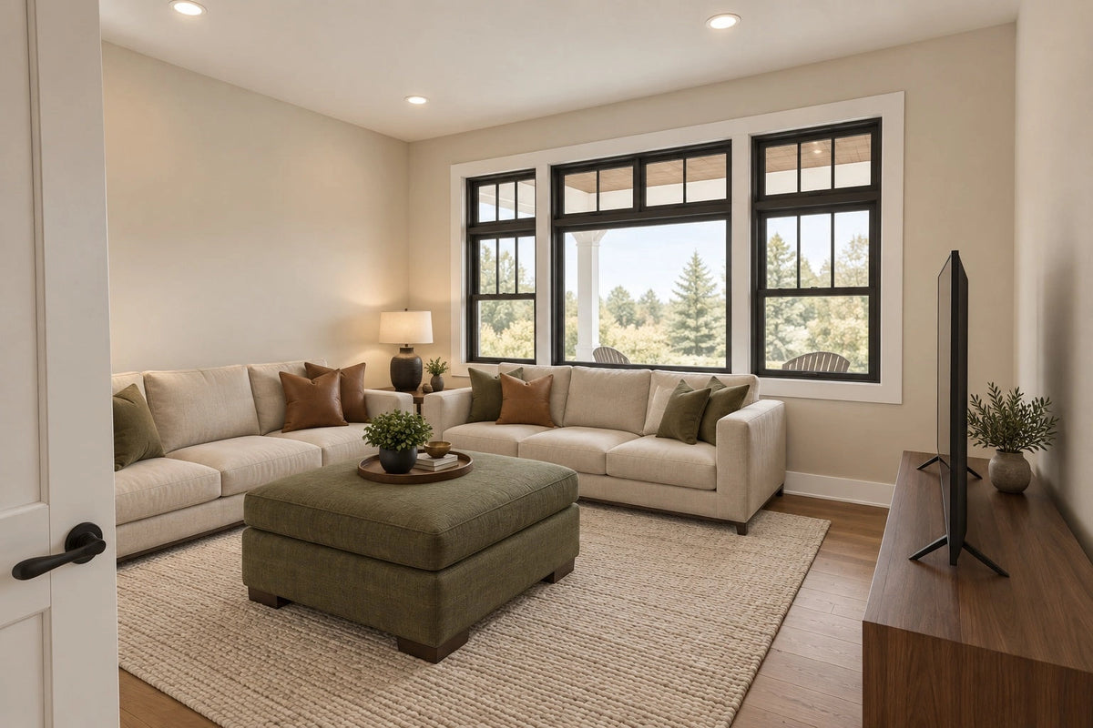 Front office or living-room rendering with a sectional sofa beneath broad windows.