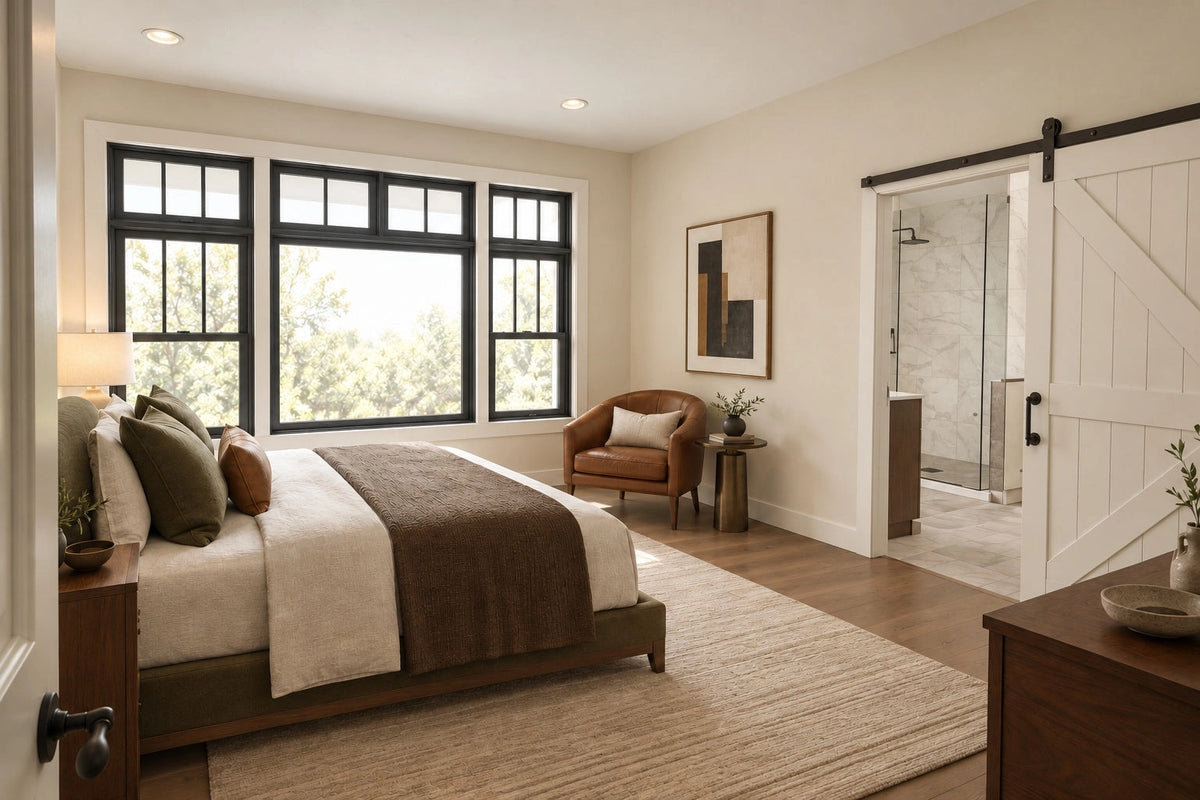 Main-level primary-bedroom rendering with a large window and a sliding bathroom door.