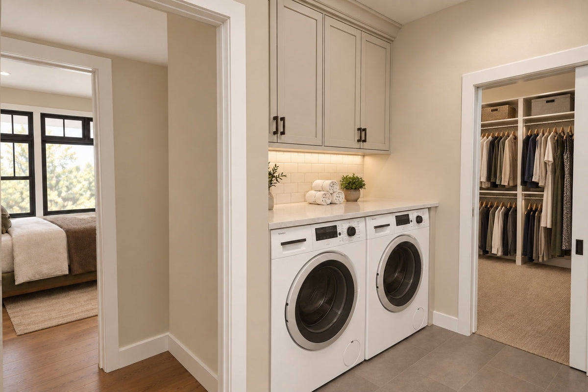 Laundry rendering with a washer and dryer between the primary bedroom and walk-in closet.