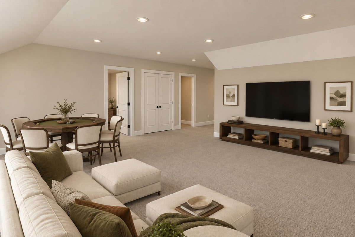 Upstairs-loft rendering with sofa seating, a television and a game table.
