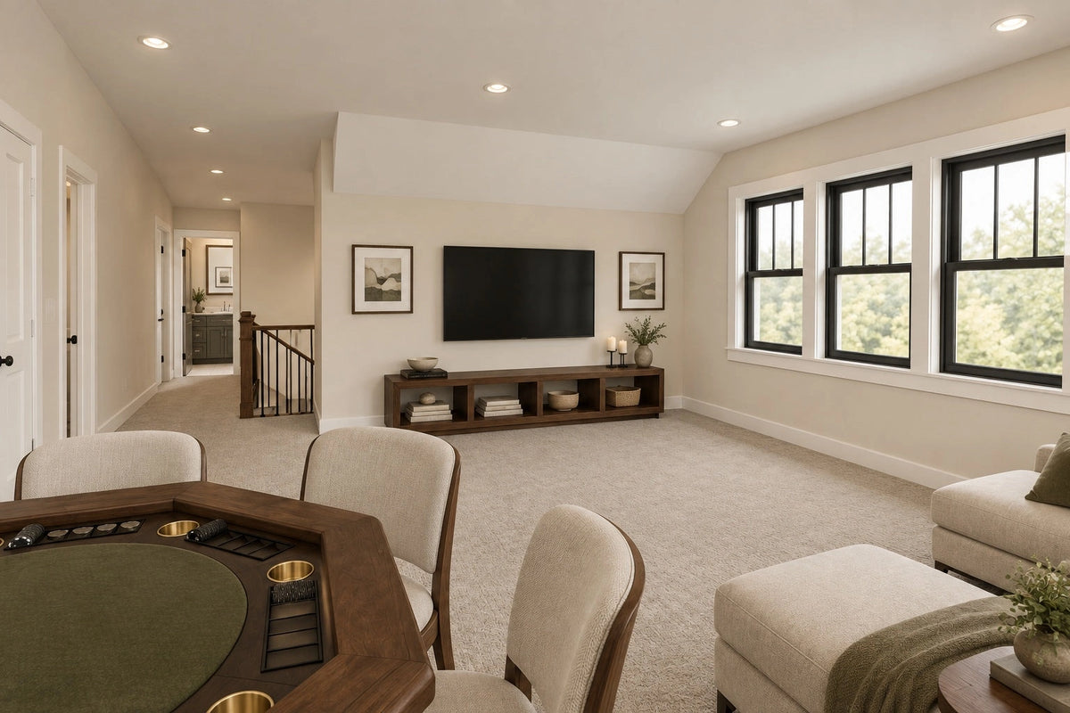 Upstairs-loft rendering looking across the game table toward the television and stair hall.