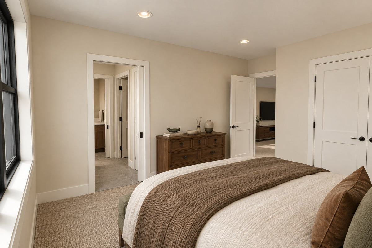 Upstairs-bedroom rendering with views toward the shared bathroom and loft.
