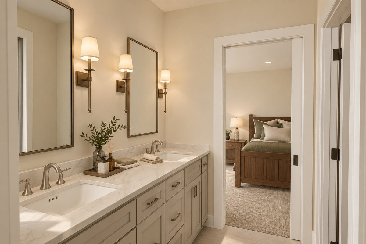 Jack and Jill bathroom rendering with a double vanity and a connecting bedroom doorway.