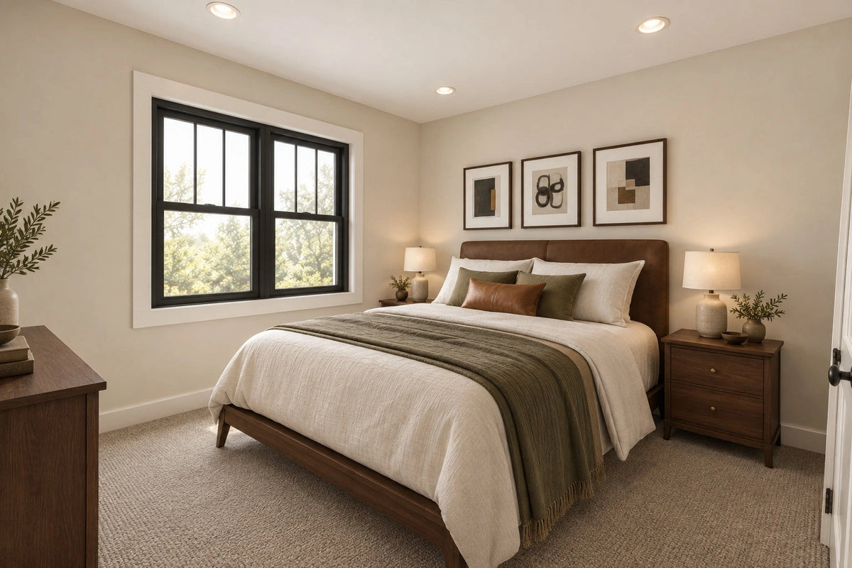 Upstairs-bedroom rendering with a large window, bedside tables and framed artwork.