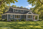 Angled rear exterior rendering showing dark siding, white trim, grouped windows and a covered rear porch.