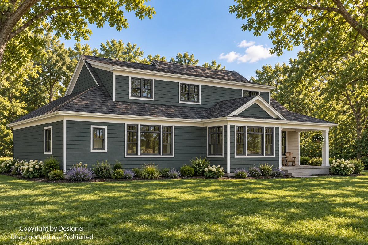 Angled rear exterior rendering showing dark siding, white trim, grouped windows and a covered rear porch.