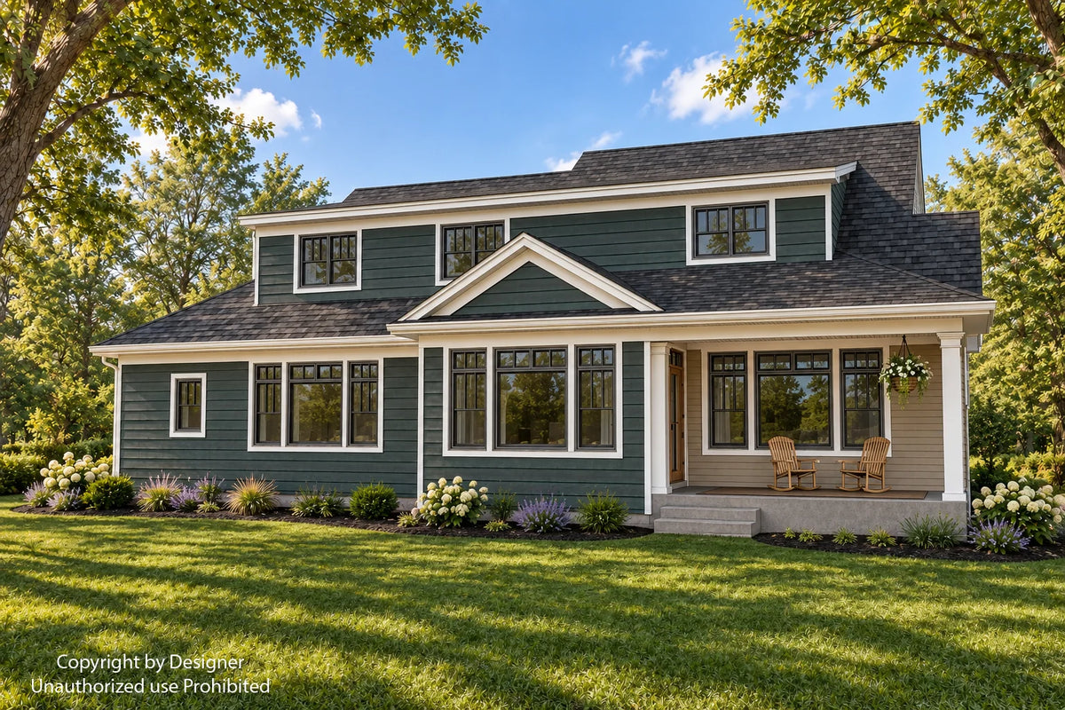 Rear exterior rendering with dark siding, upper-story windows and a covered porch with seating.