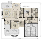Craftsman main floor plan with 1,832 sq ft, a primary suite, open living area, office and two-car garage.
